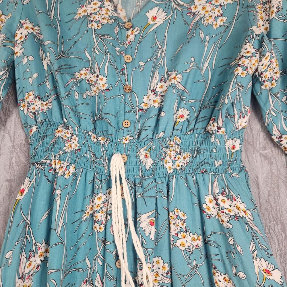 Boho Hippie -Style Floral Blue Maxi Dress Size M Coquette Cottage Retro